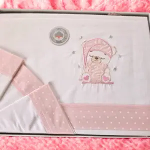 Conjunto de Lençóis para Cama de Bebé – Ursinho Rosa (100% Algodão)